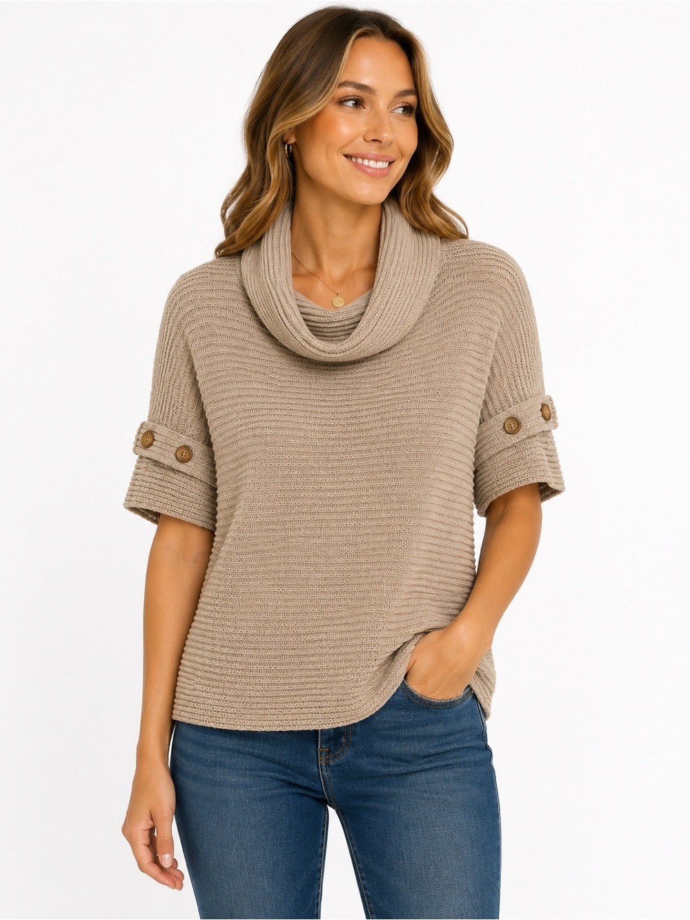 Ann Taylor Petite XS Cowl Neck Knit Sweater Beige Button Sleeve Pullover